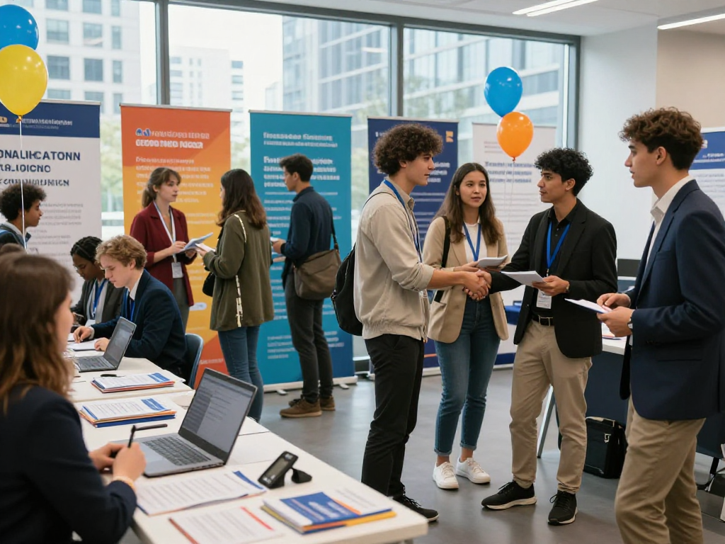 University and trade school graduates networking at a vibrant career fair showcasing opportunities.