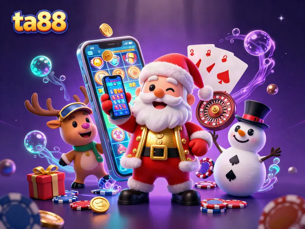 Experience thrilling gameplay with ta88 in a vibrant casino scene featuring Santa and friends.