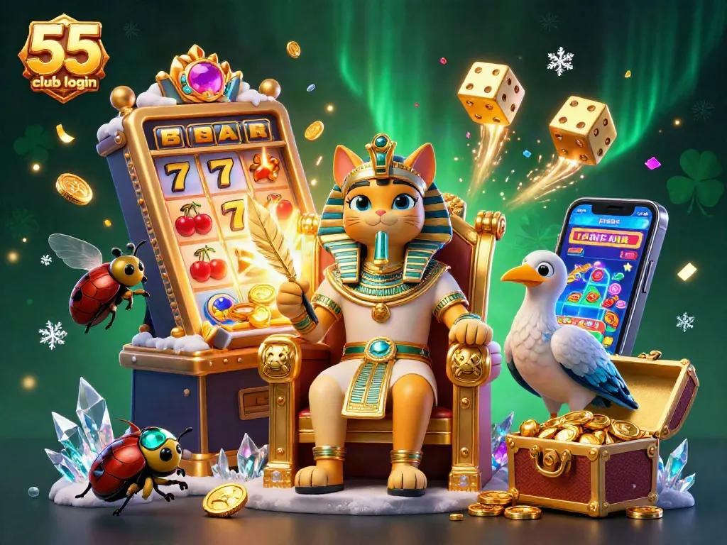 Engage with the exciting world of 55 club login, featuring a vibrant scene filled with slots, characters, and vivid casino elements.