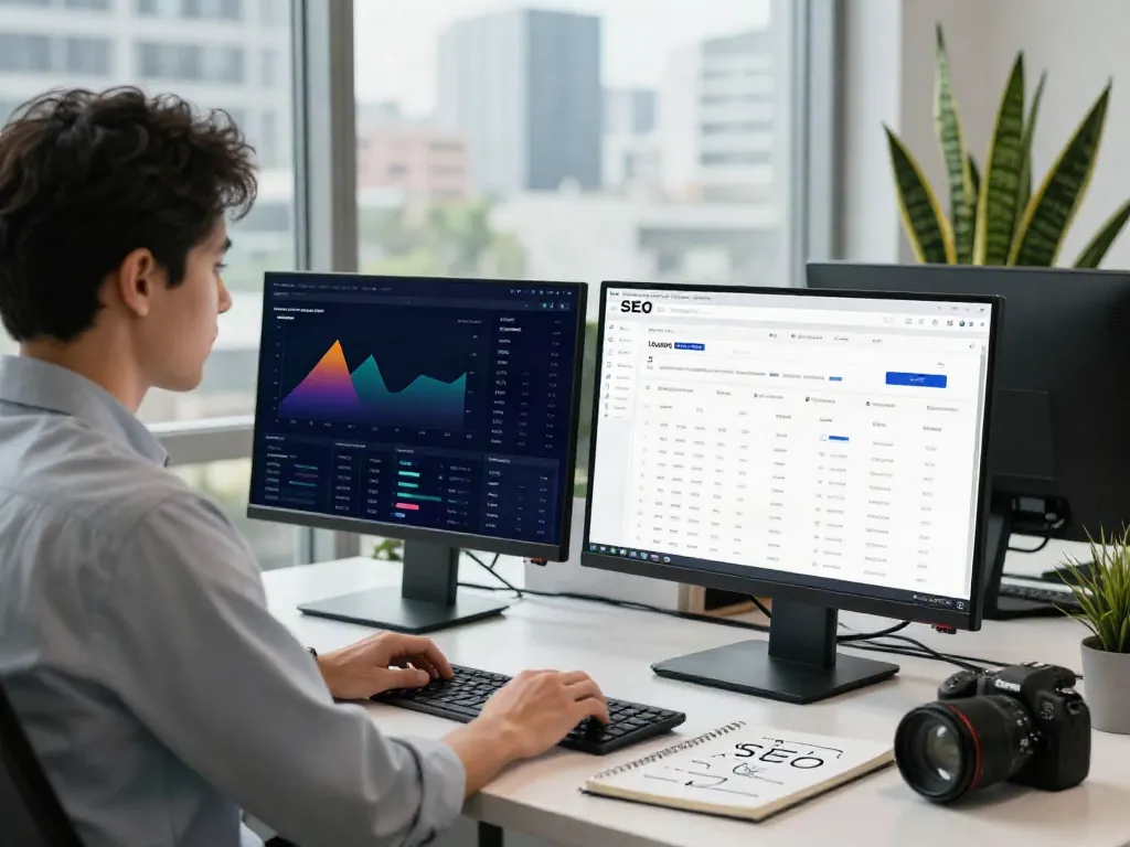 Professional analyzing instant indexing data on dual monitors in a modern office.