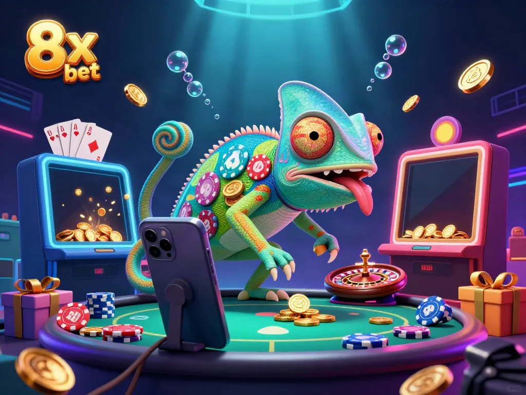 Engaging 3D scene showcasing 8x bet chameleon casino owner amidst vibrant gaming elements.