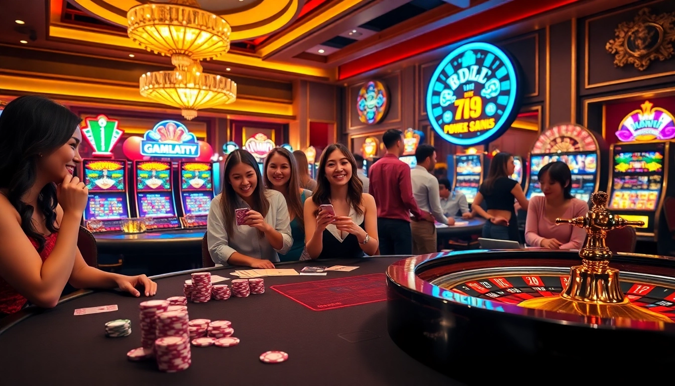Players enjoying classic casino games at 789F with vibrant lights and luxurious setups.
