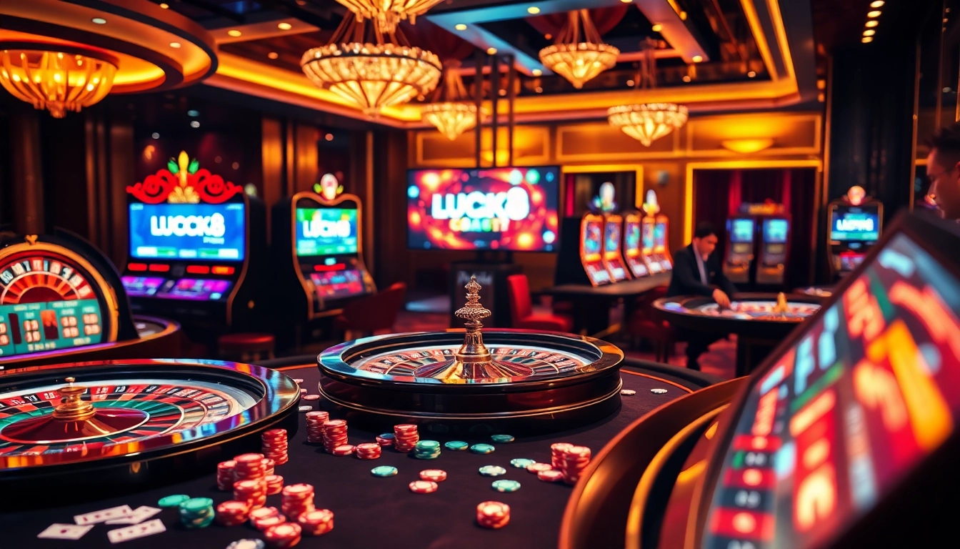 LUCK8 đăng nhập on a vibrant casino table, showcasing poker chips and a roulette wheel.