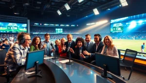 Dynamic sports broadcasting studio with enthusiastic commentators discussing live events.