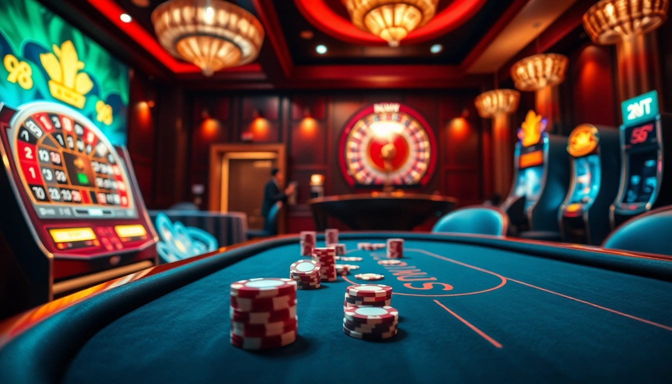 Experience the excitement at 888VND COM with a luxurious casino scene featuring poker games and roulette.