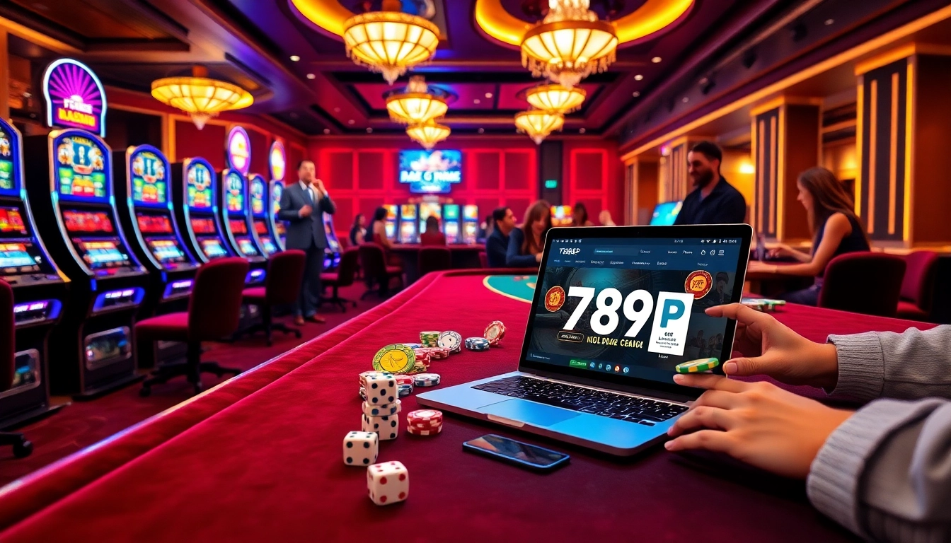 A dynamic gambling scene featuring 789P with online interfaces, poker chips, and slot machines, showcasing excitement.