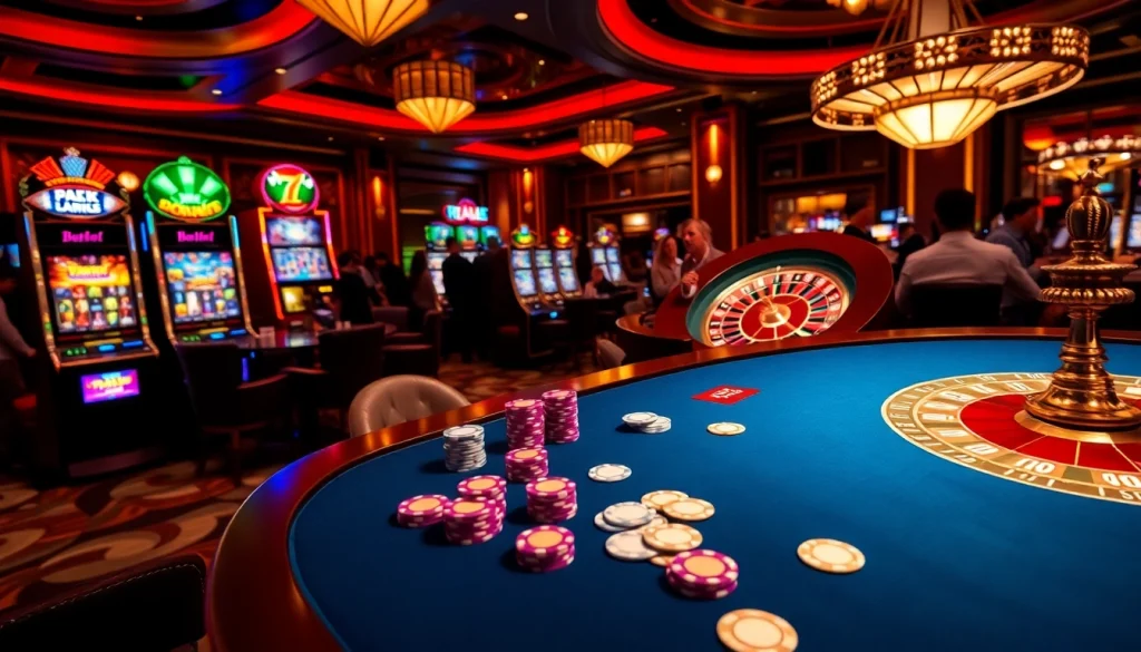 Engage with thrilling casino games at 77ball com featuring vibrant poker chips and illuminated slot machines.