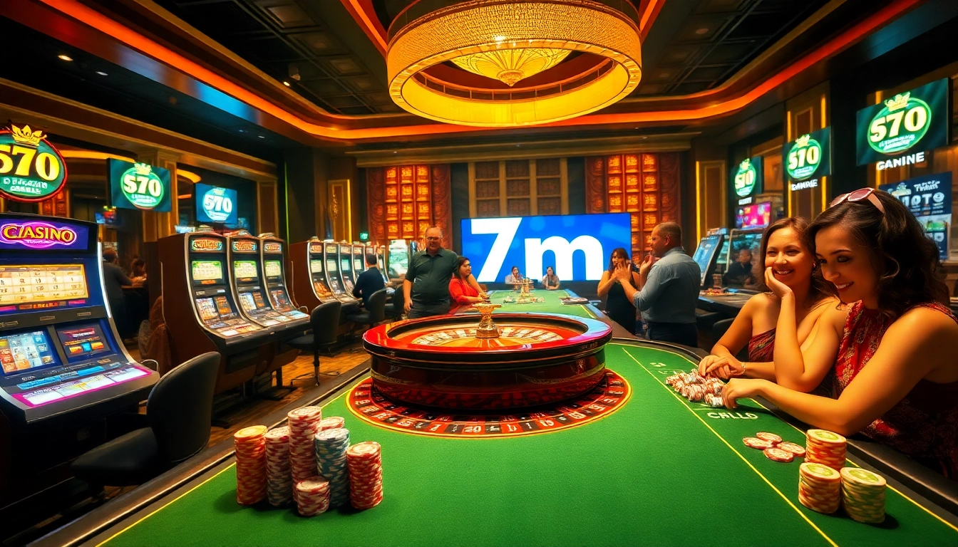 Experience thrilling gambling actions at a professional casino with vibrant 7m slot machines and excited players.