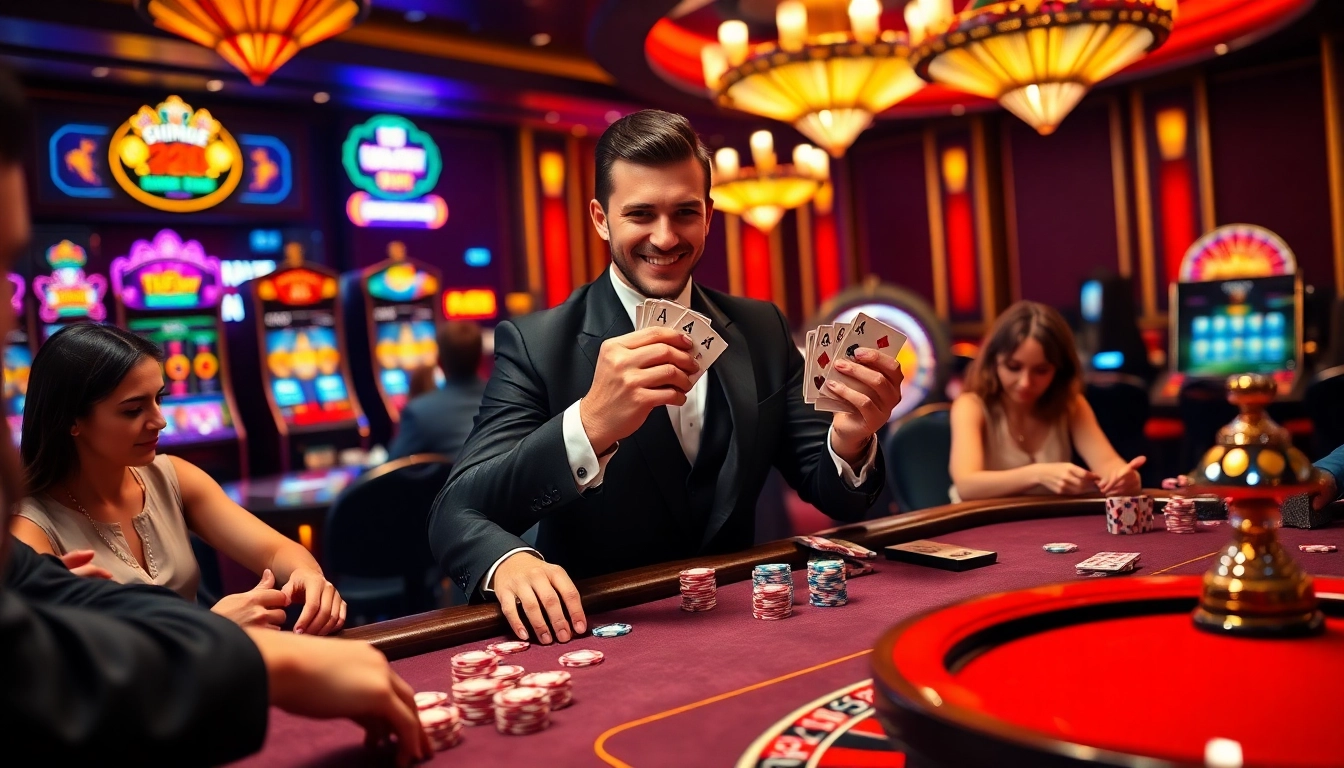 SCLUB88 players engaging in a high-stakes poker game amidst vibrant casino excitement.