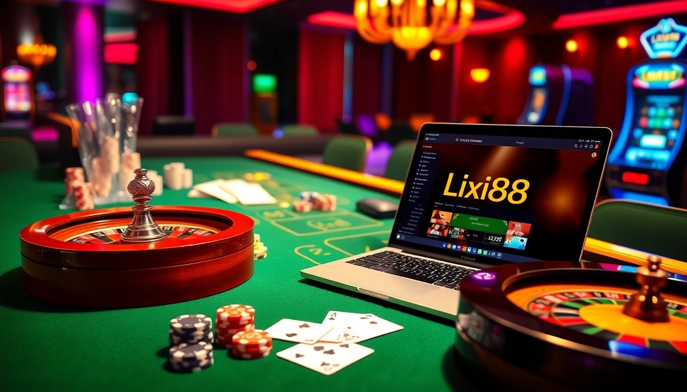 Engage in thrilling online gambling at lixi88 com with a luxurious casino setup featuring poker chips and roulette.