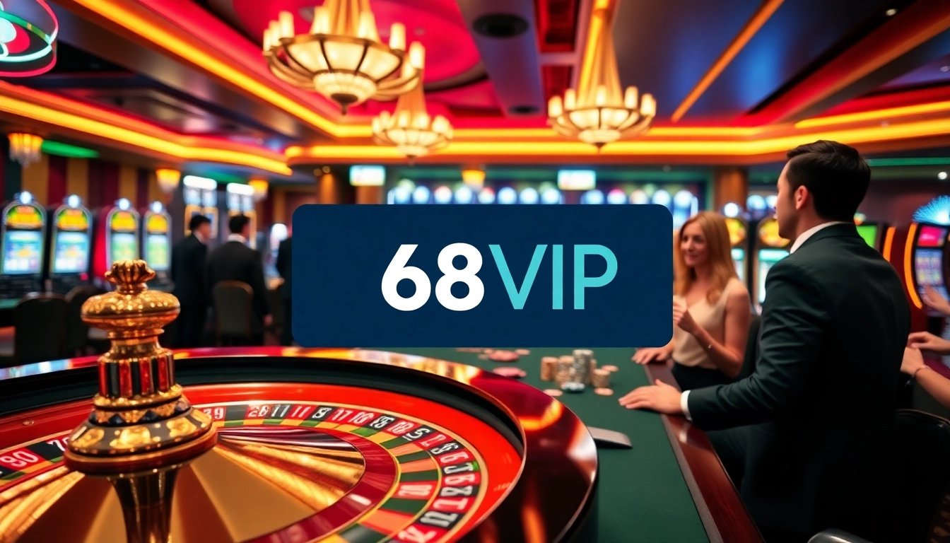 Players enjoying games at 68VIP's luxurious casino, featuring roulette and poker tables.
