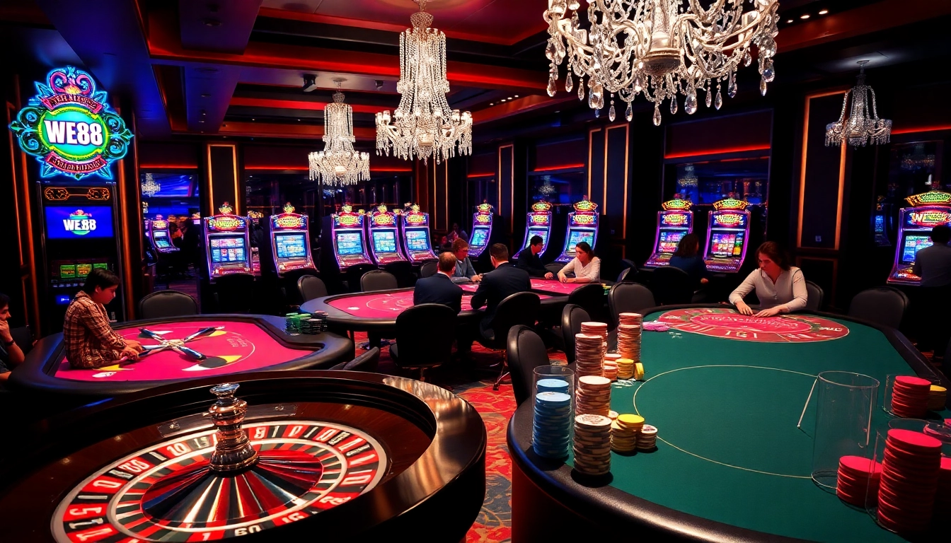 WE88 players engage in high-stakes casino action at vibrant poker tables.