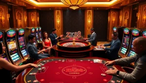 ZK88 casino table with vibrant slot machines and roulette wheel, showcasing an exciting gaming atmosphere