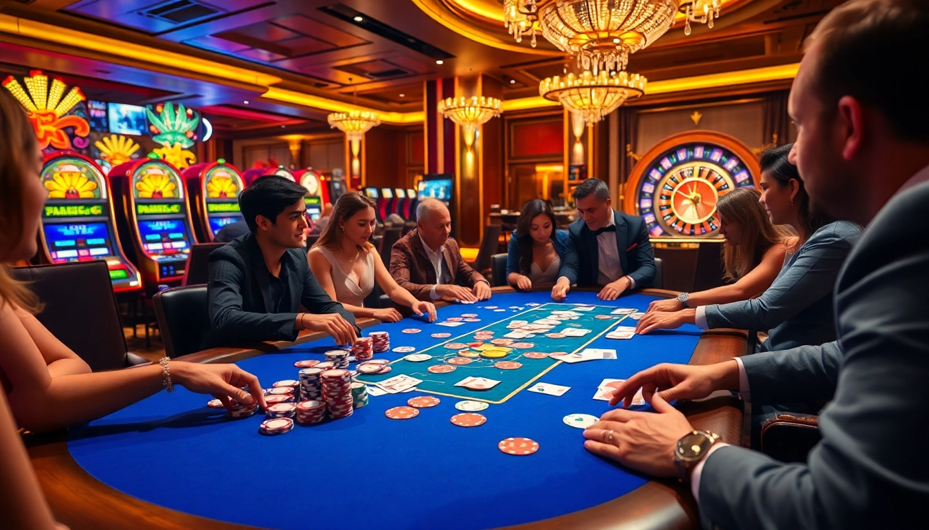 Engage in a thrilling MB66 casino scene with poker chips and players competing at elegant tables.
