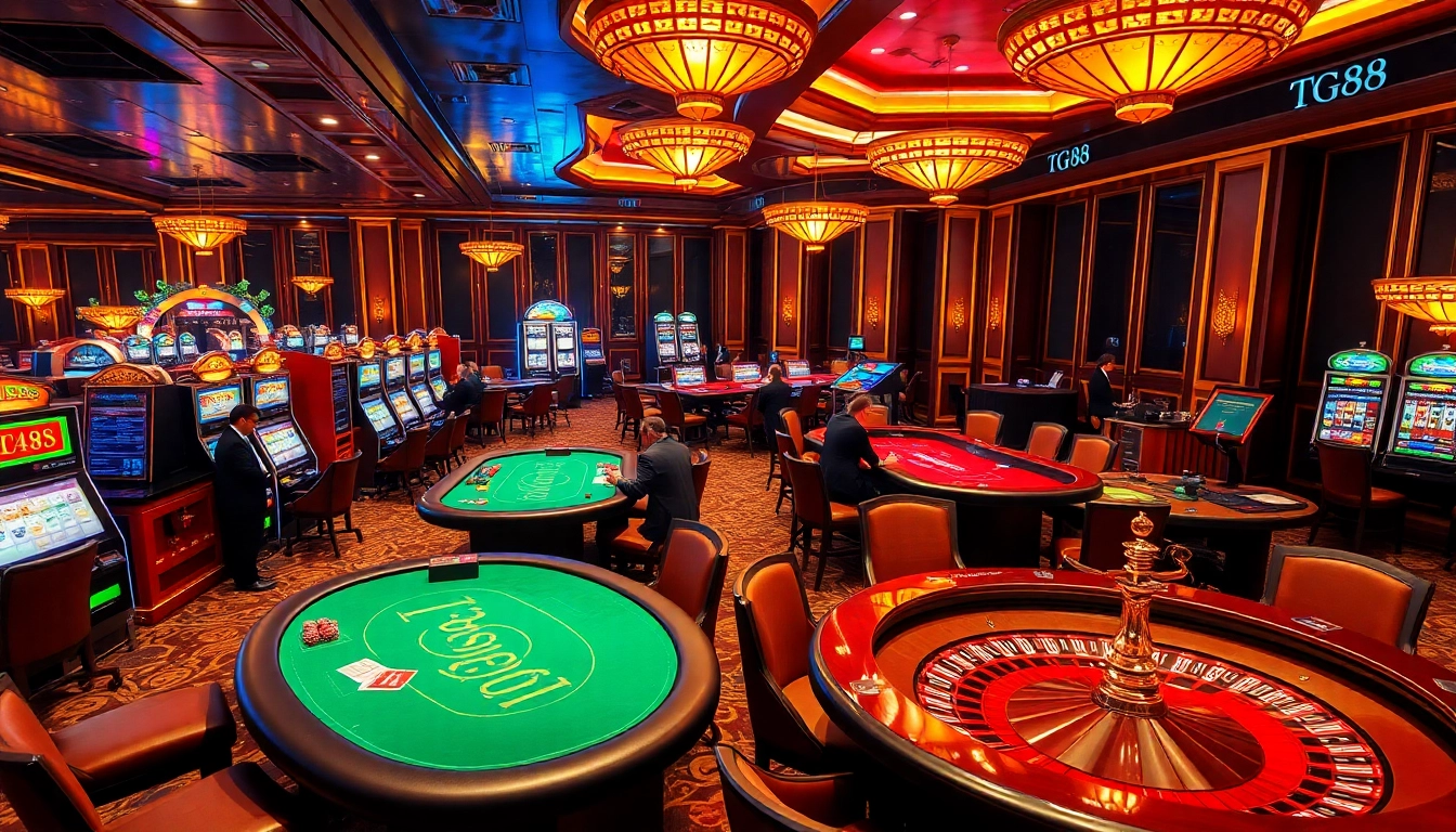 Experience the excitement of tg88 in a luxurious casino setting with poker tables, slot machines, and colorful chips.