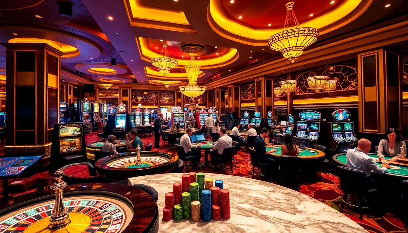 Gambling excitement at a luxurious casino featuring vibrant tables and players enjoying bets at https://nhacaiuytin.news/.