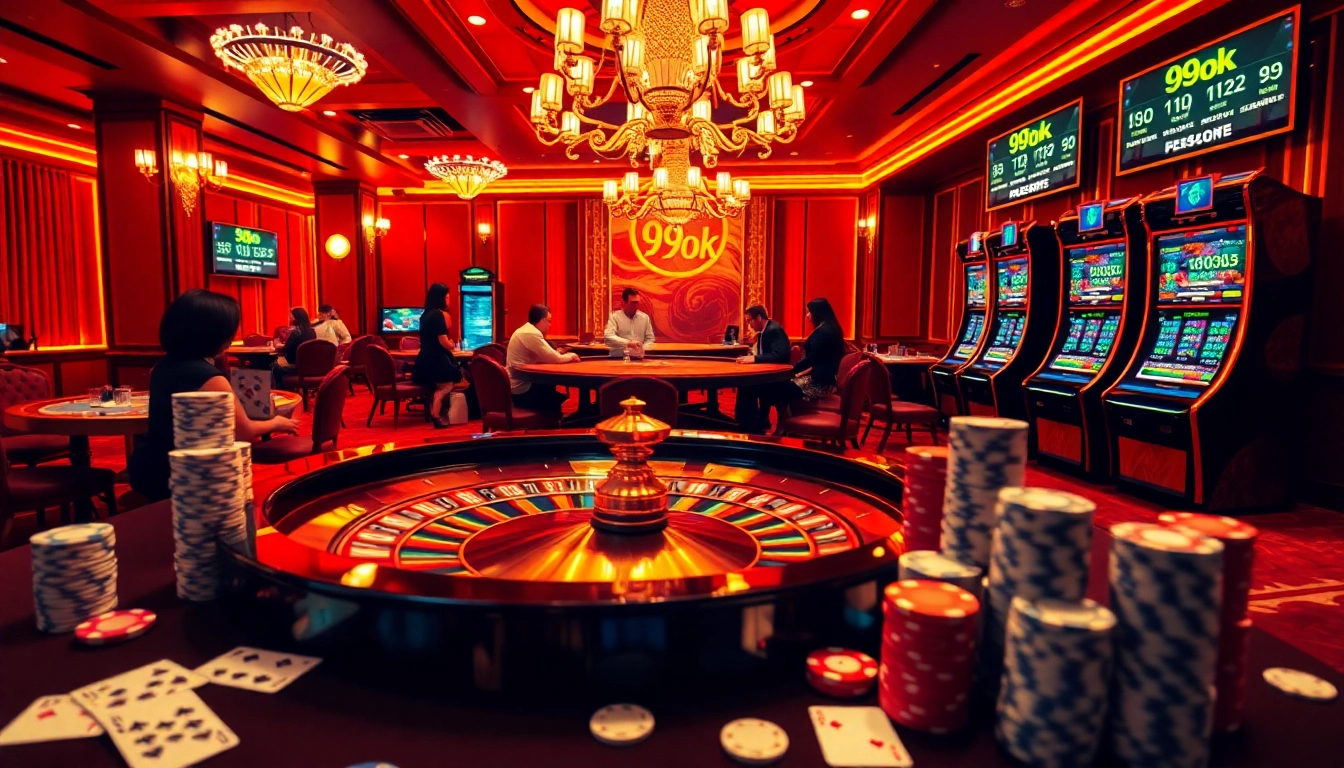 Experience the excitement of 99ok with thrilling poker chips and roulette action in a luxurious casino.