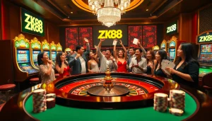 Players celebrating a big win at ZK88 roulette table in an upscale casino environment.