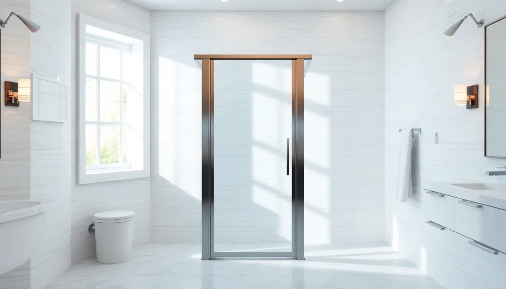 Explore elegant shower doors featuring sleek glass and a polished metallic frame in a modern bathroom.