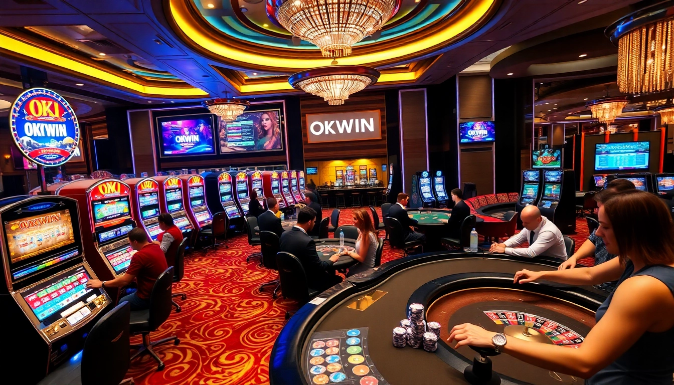 Exciting gameplay at OKWIN casino, featuring vibrant slot machines and professional players at tables.