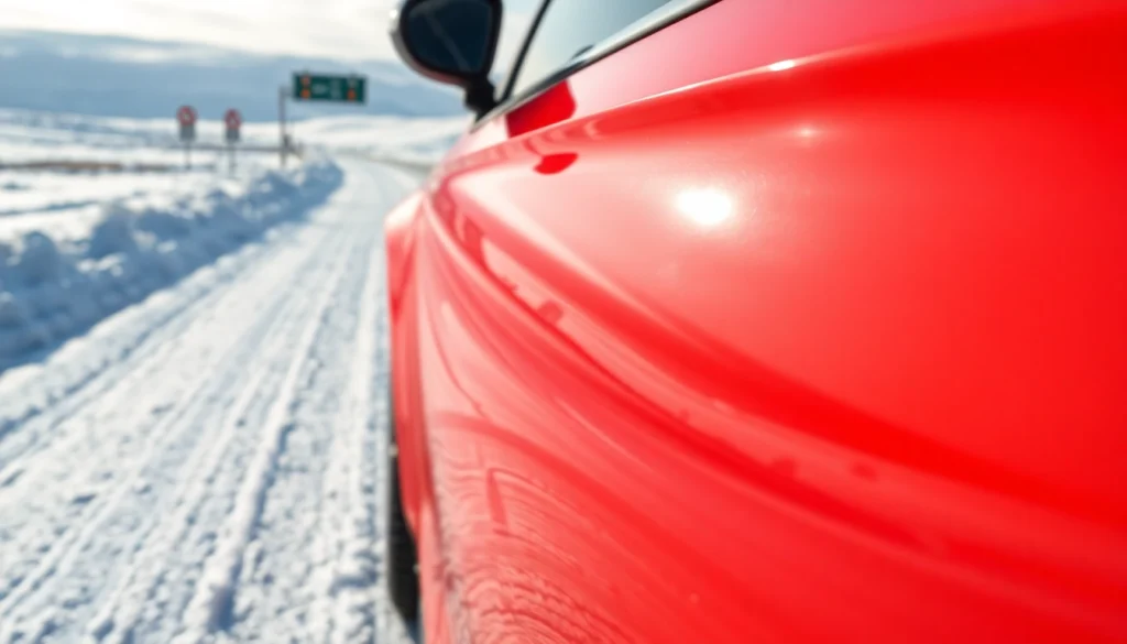 Showcasing PPF winter road salt protection on a vehicle against a snowy backdrop.