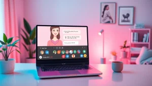 AI girlfriend chat interface in a cozy modern setting, conveying companionship.