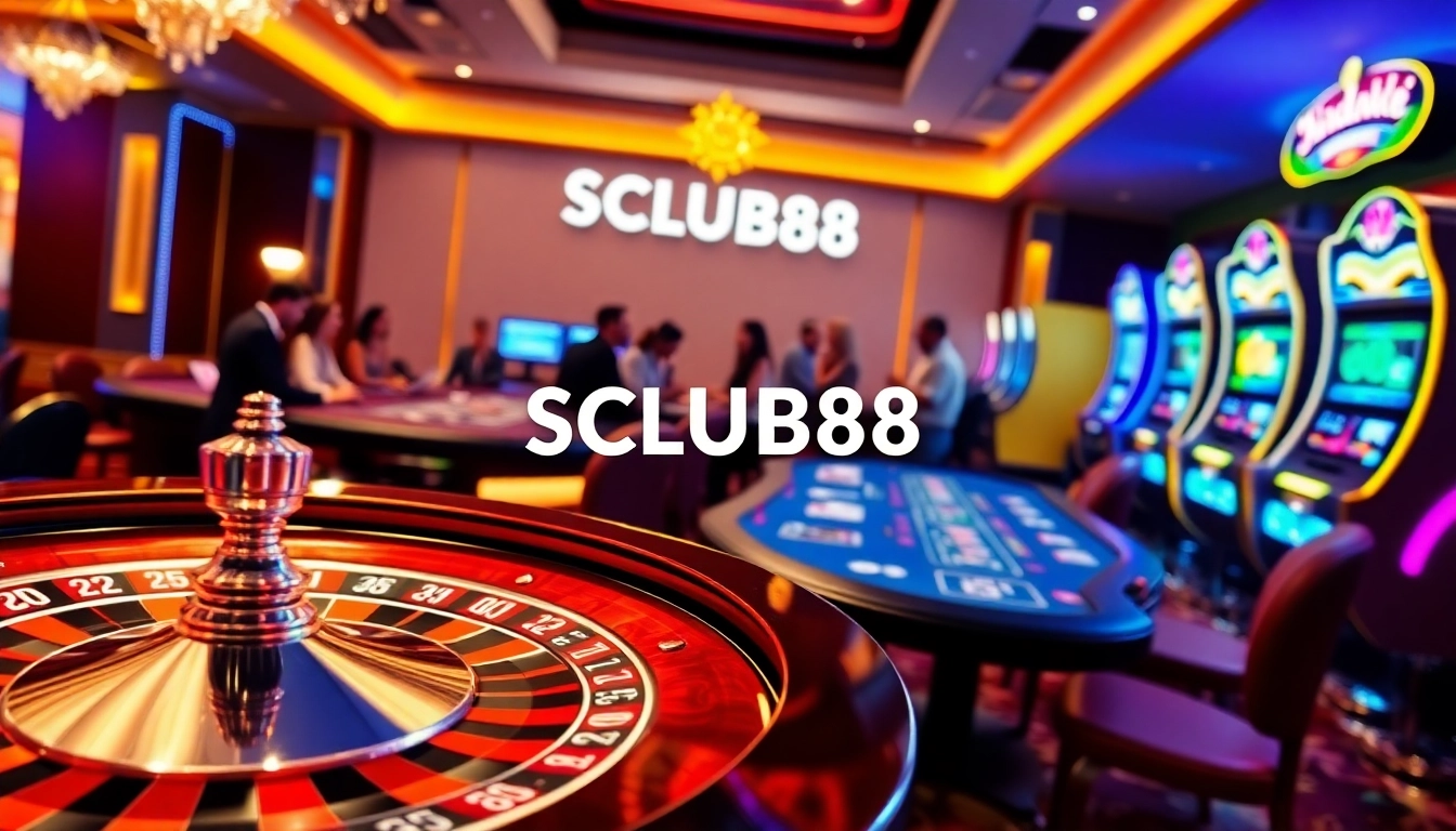 SCLUB88 gaming experience featuring roulette, poker, and slots in a luxurious casino.