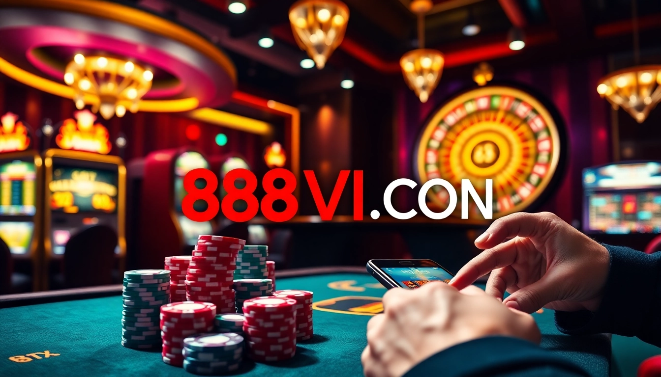 Exciting gambling scene at 888VI COM featuring casino tables, slots, and vibrant interactions.