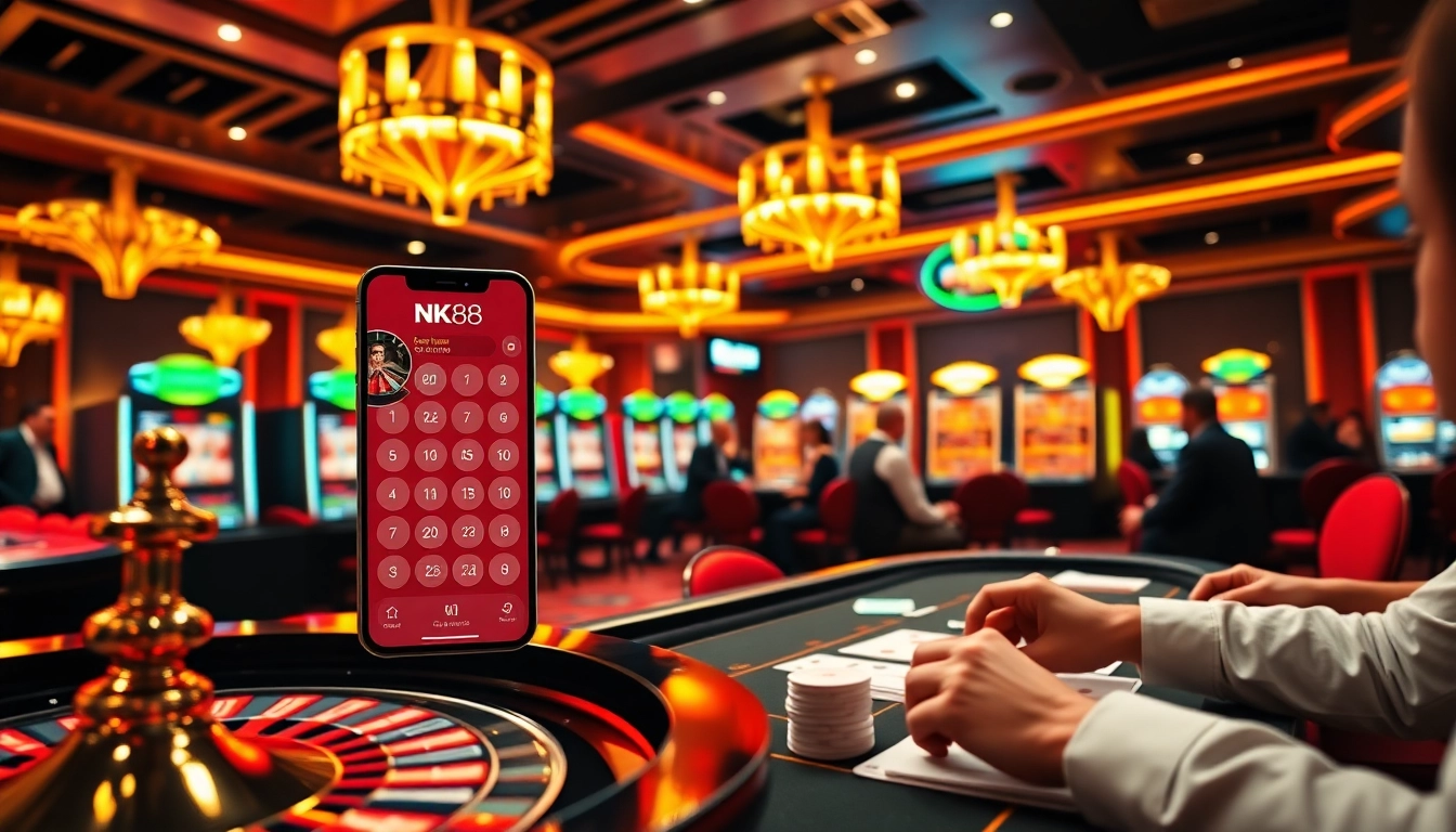 Experience the excitement of the NK88 APP with vibrant casino visuals and players engaged in thrilling games.