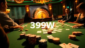 Players strategizing at a 399W poker table, showcasing thrilling casino gameplay.