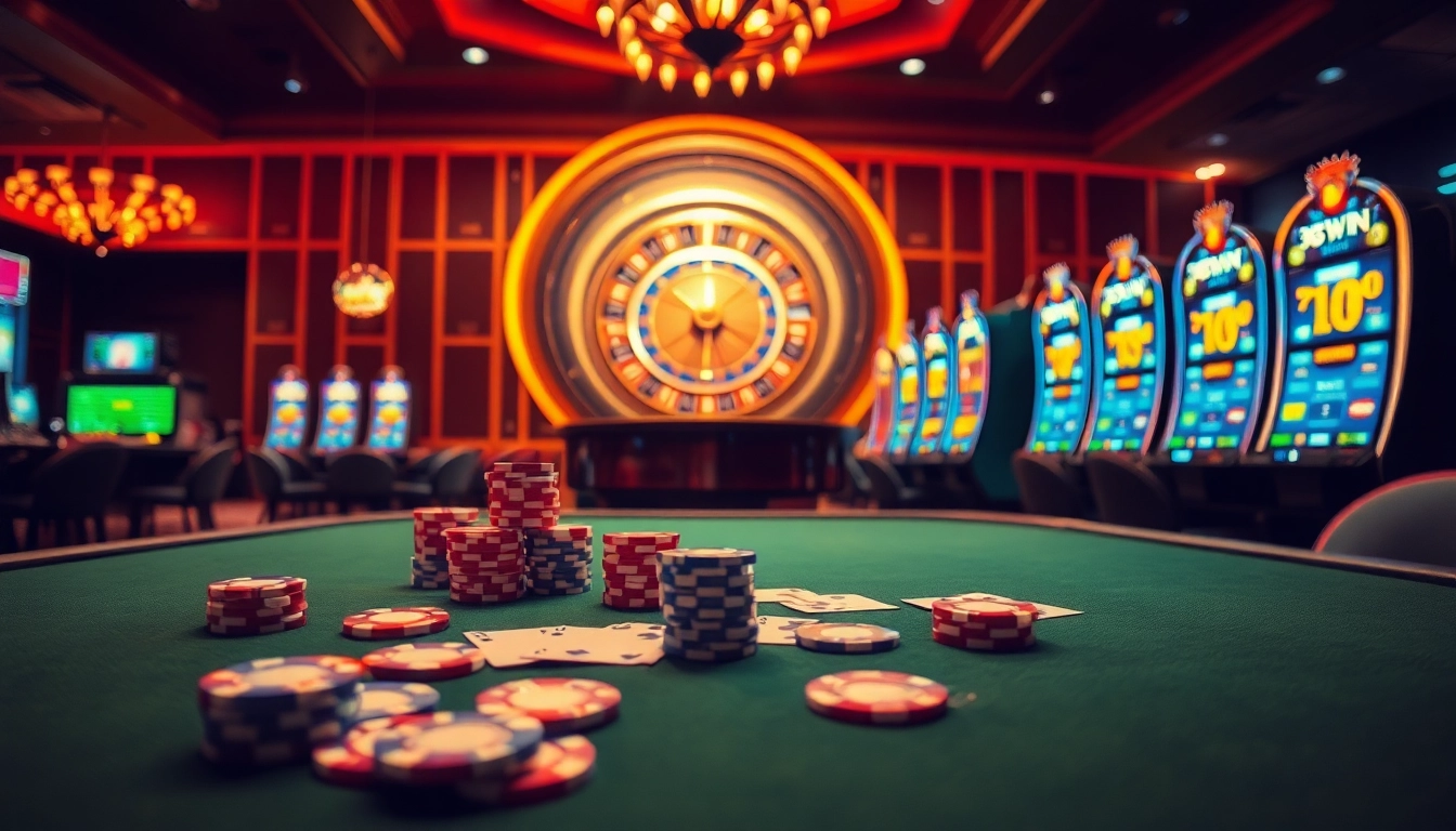 33WIN gaming scene showcasing vibrant roulette wheel and luxury casino atmosphere