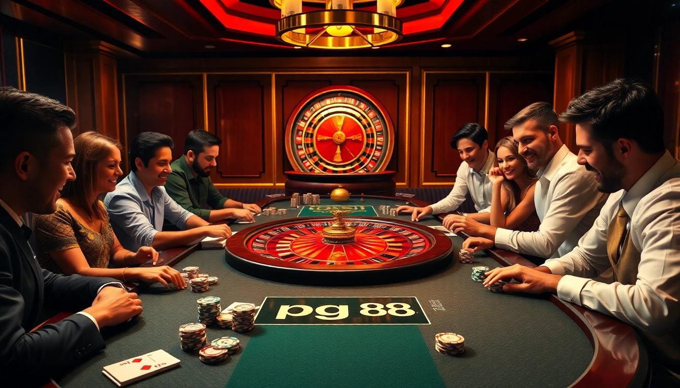 Players enjoy an exciting poker game at a vibrant casino table featuring pg 88 branding.