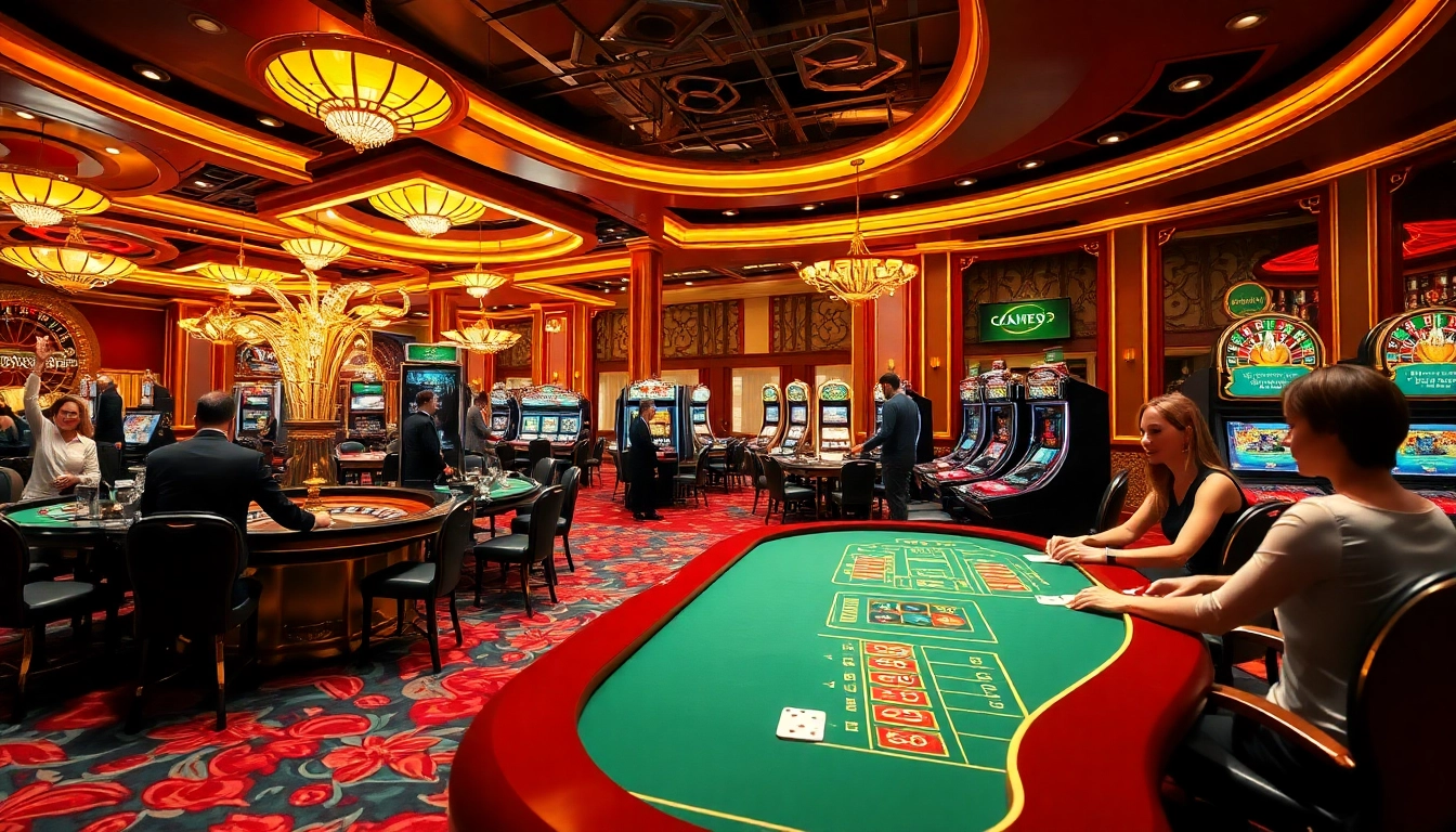 Dynamic casino scene featuring players at tables and slots with excitement around https://bem88.com.