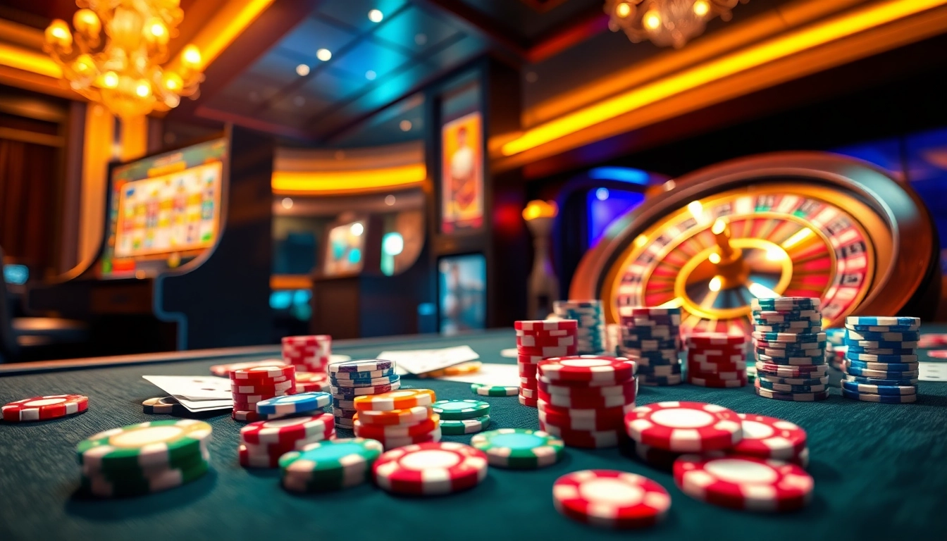 Experience the thrill of Nhà Cái QQ88 with this lively casino scene, showcasing gaming tables and excitement.
