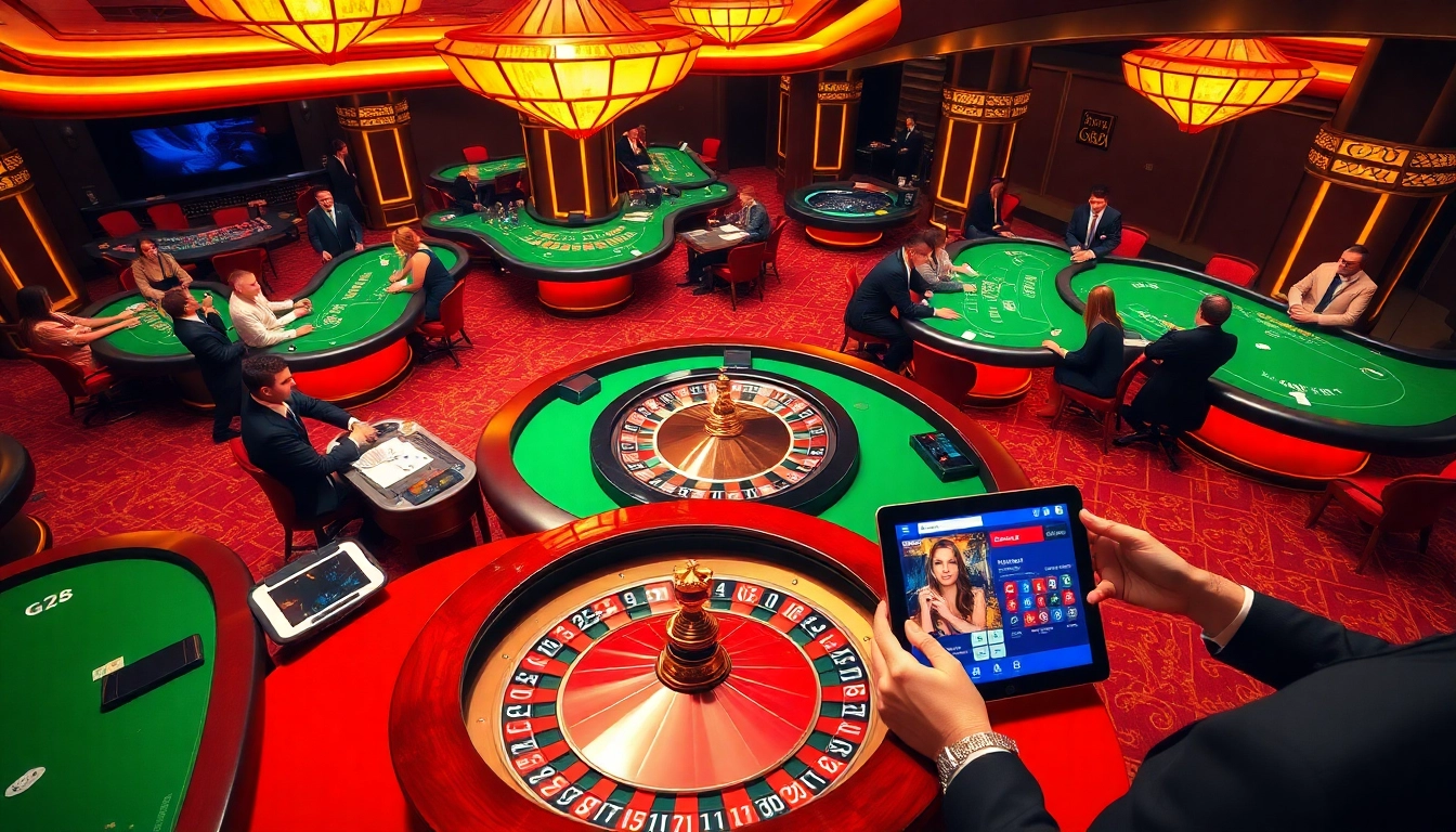 Excited players engaging in G28 games at a luxurious casino, featuring roulette and poker.