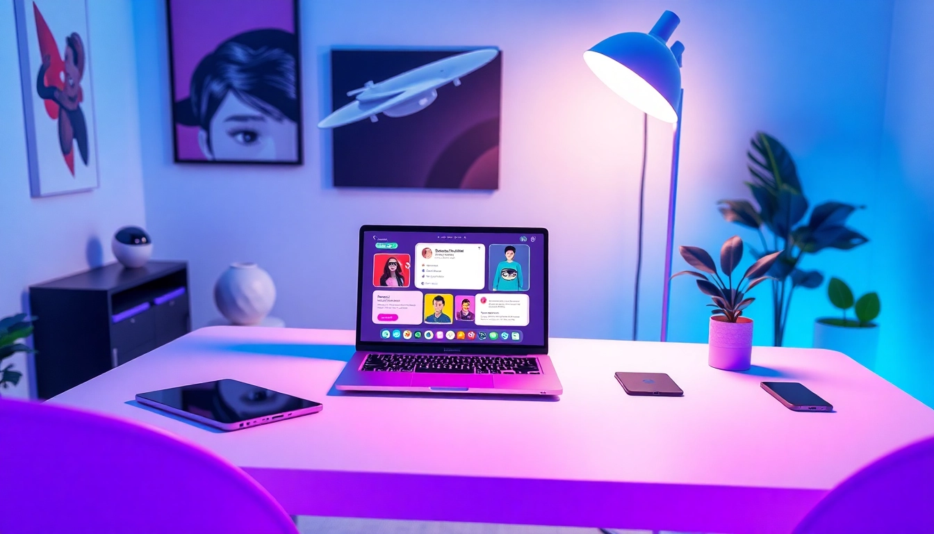 Interactive nsfw chat AI interface in a modern workspace with vibrant colors
