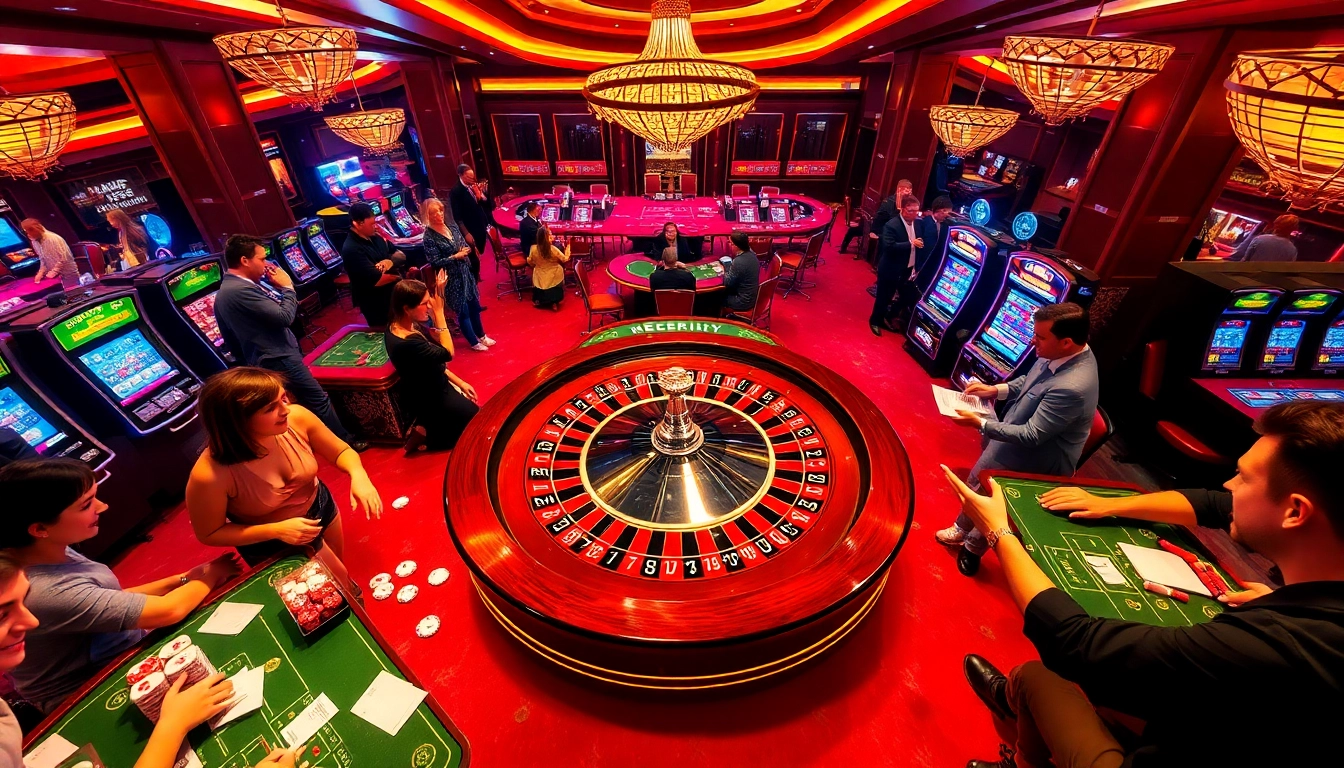 A thrilling casino experience at f168 with vibrant roulette and excited players at tables.