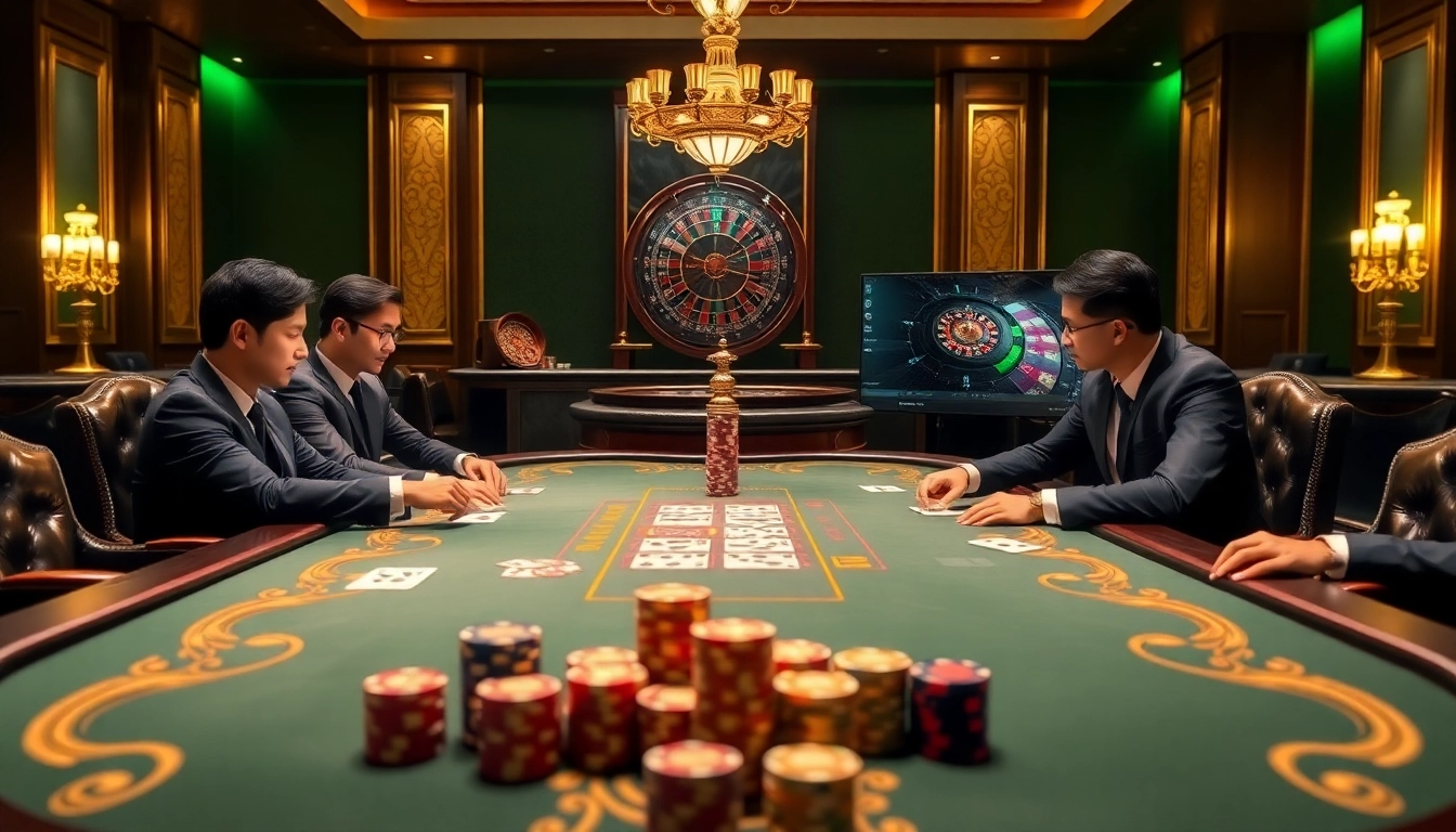 Kuwin789 poker table scene with professional players and vibrant casino elements.