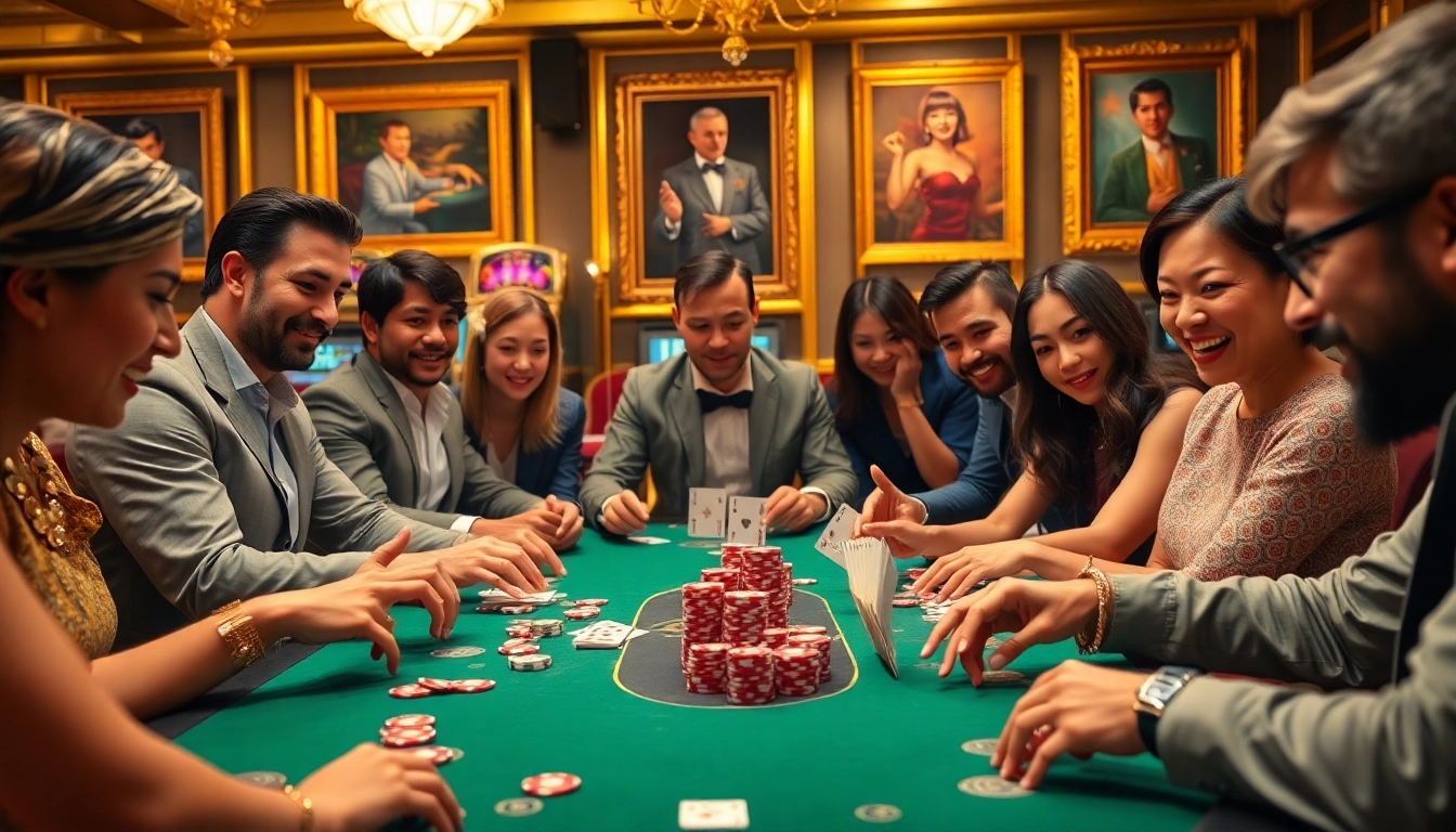 Players at a poker game showcasing excitement and strategy at https://hello88k.it.com/ with vibrant chips and cards.