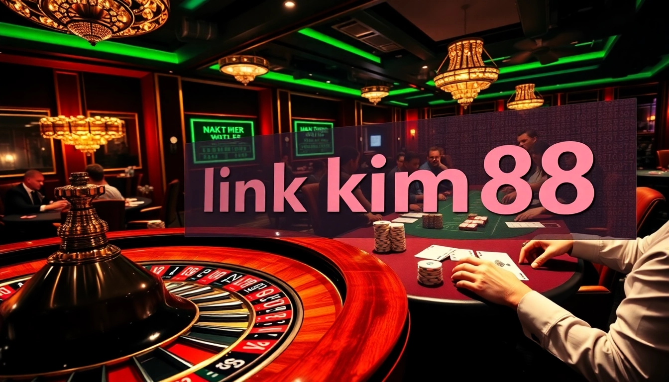 Experience thrilling gameplay at Kim88 Casino with a vibrant scene of poker and roulette action.