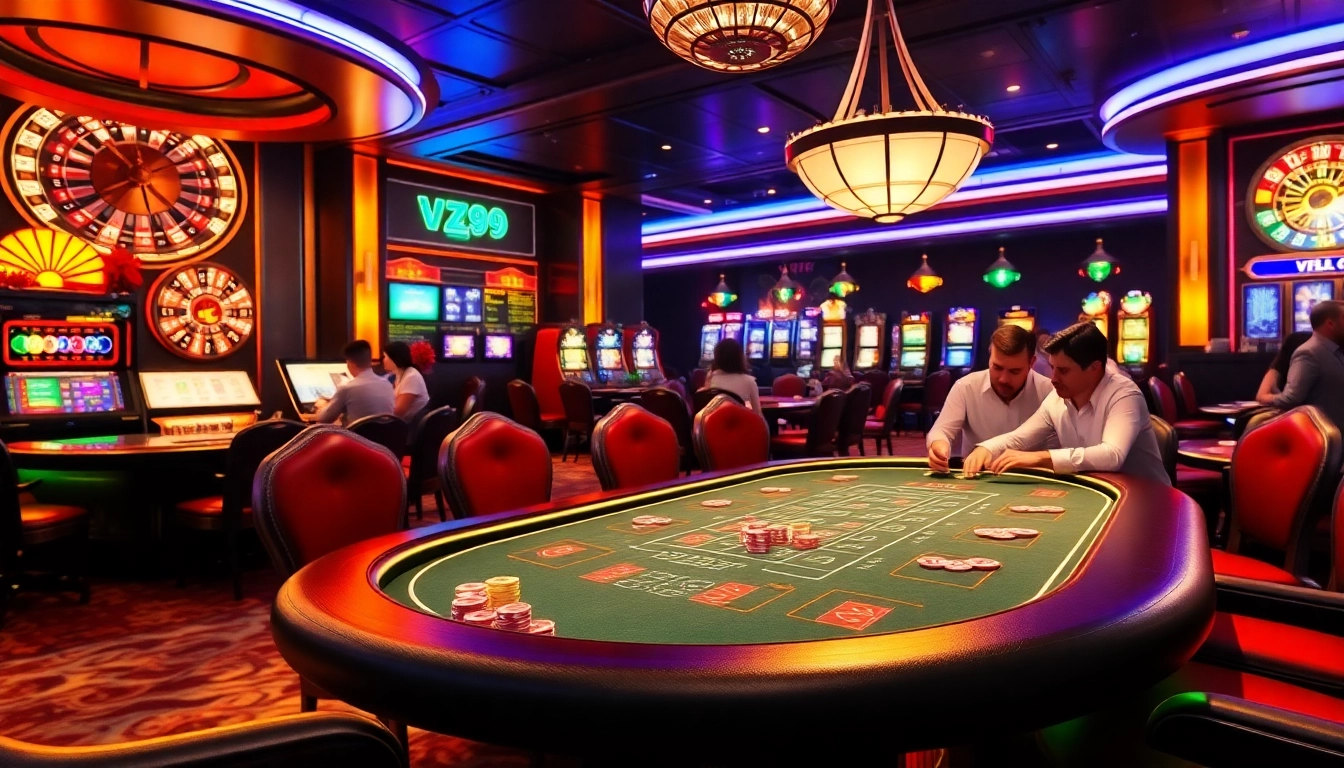 Experience the thrill of Vz99 at a luxurious casino poker table featuring vibrant lights and professional atmosphere.
