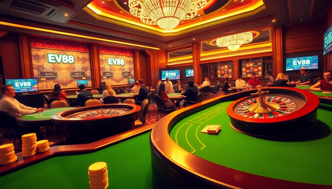 Players enjoying high-stakes games at Ev88 casino, with vibrant tables and exciting promotions.
