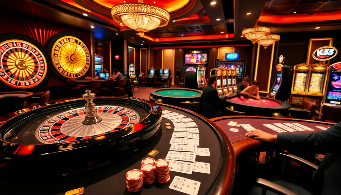 Engage with KK55's excitement at a luxury casino table game, featuring poker chips and a roulette wheel.