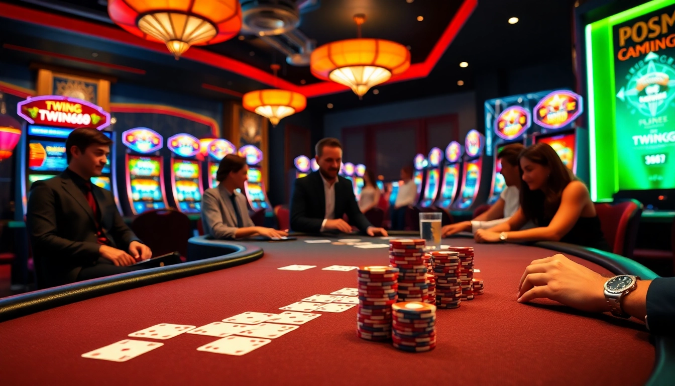 TWIN68 players engaging in an exciting game with professional poker chips and cards at a luxurious casino.