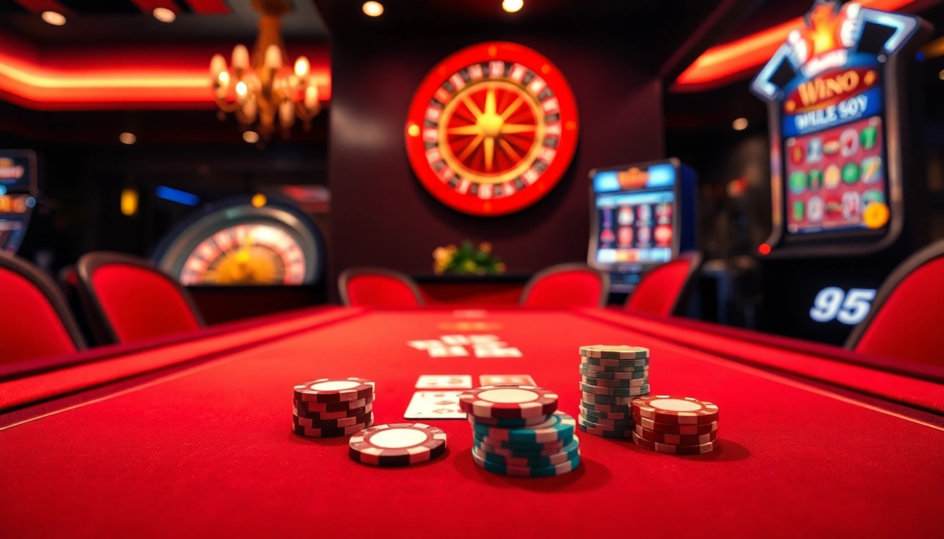 Win55 players enjoying an upscale casino experience with poker tables and roulette wheels.