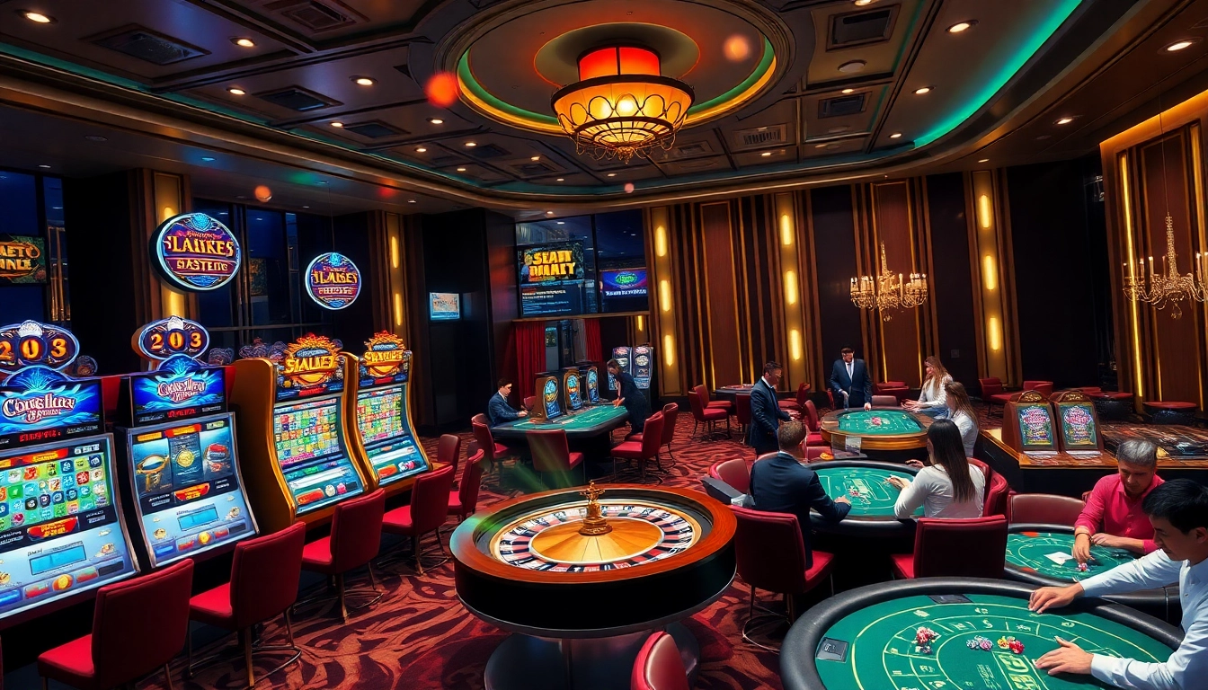 Players enjoying various games at 789bet casino, featuring slot machines and roulette, in a vibrant atmosphere.