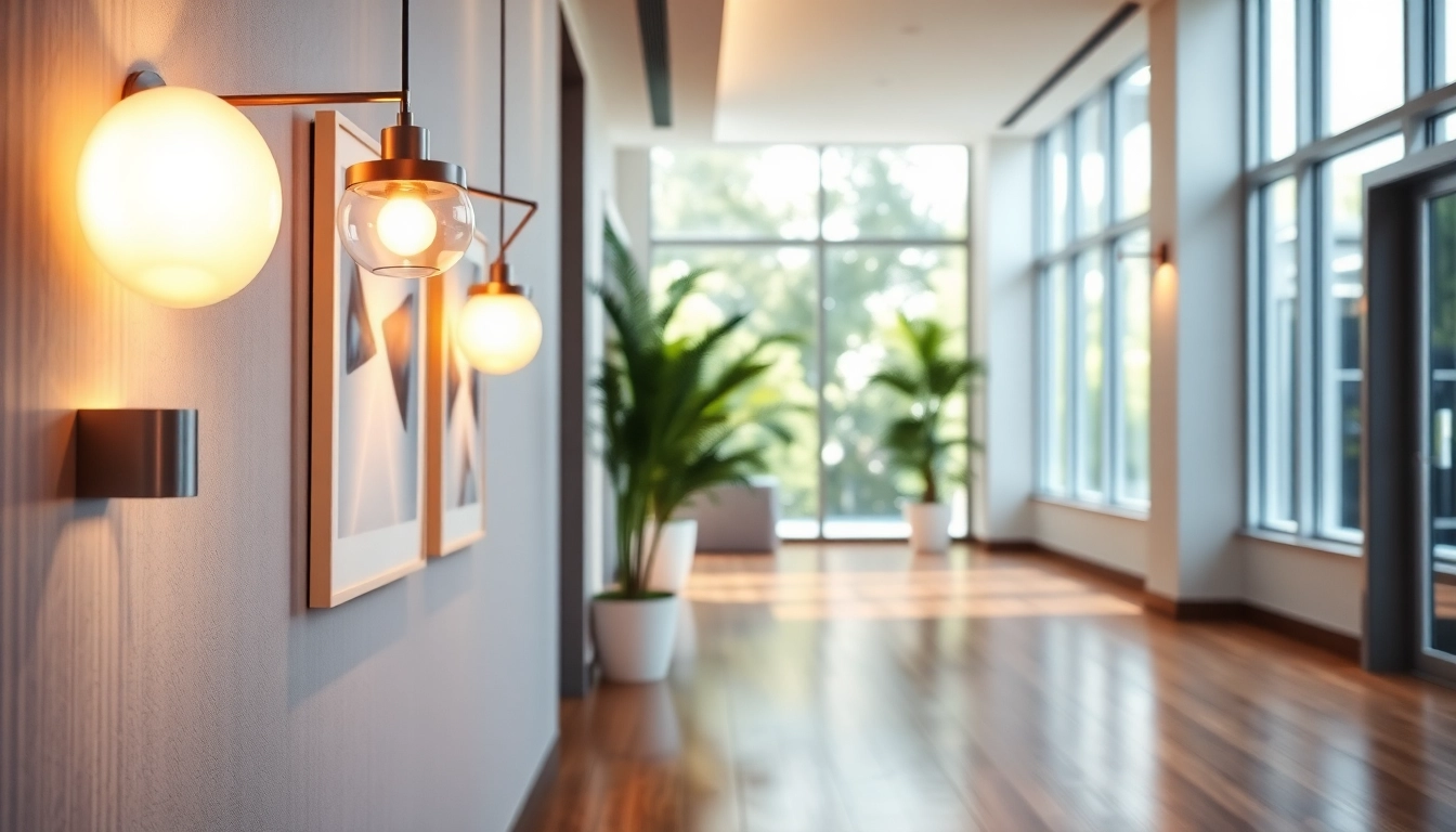Showcasing hallway lighting fixtures illuminating a modern corridor with elegant decor.