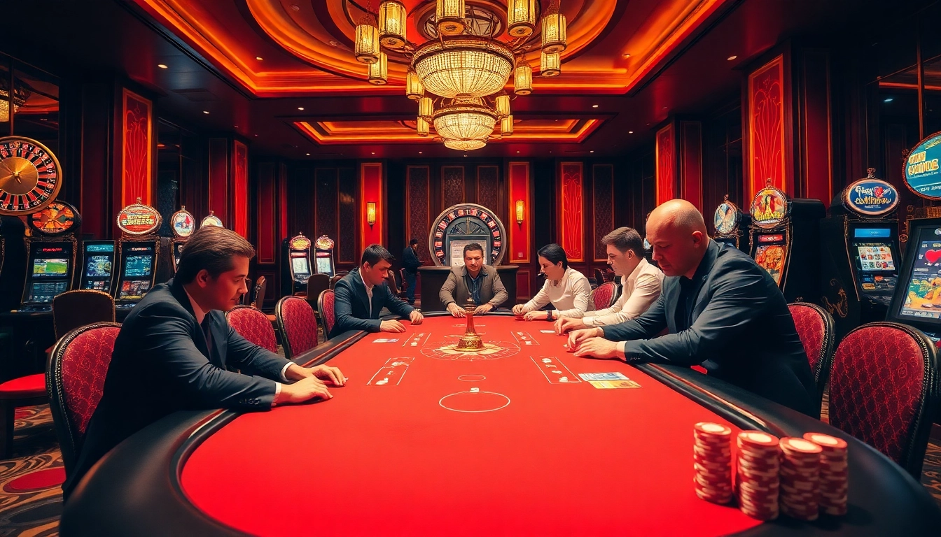 Description of a vibrant poker scene at 98win club with players, a roulette wheel, and slot machines.