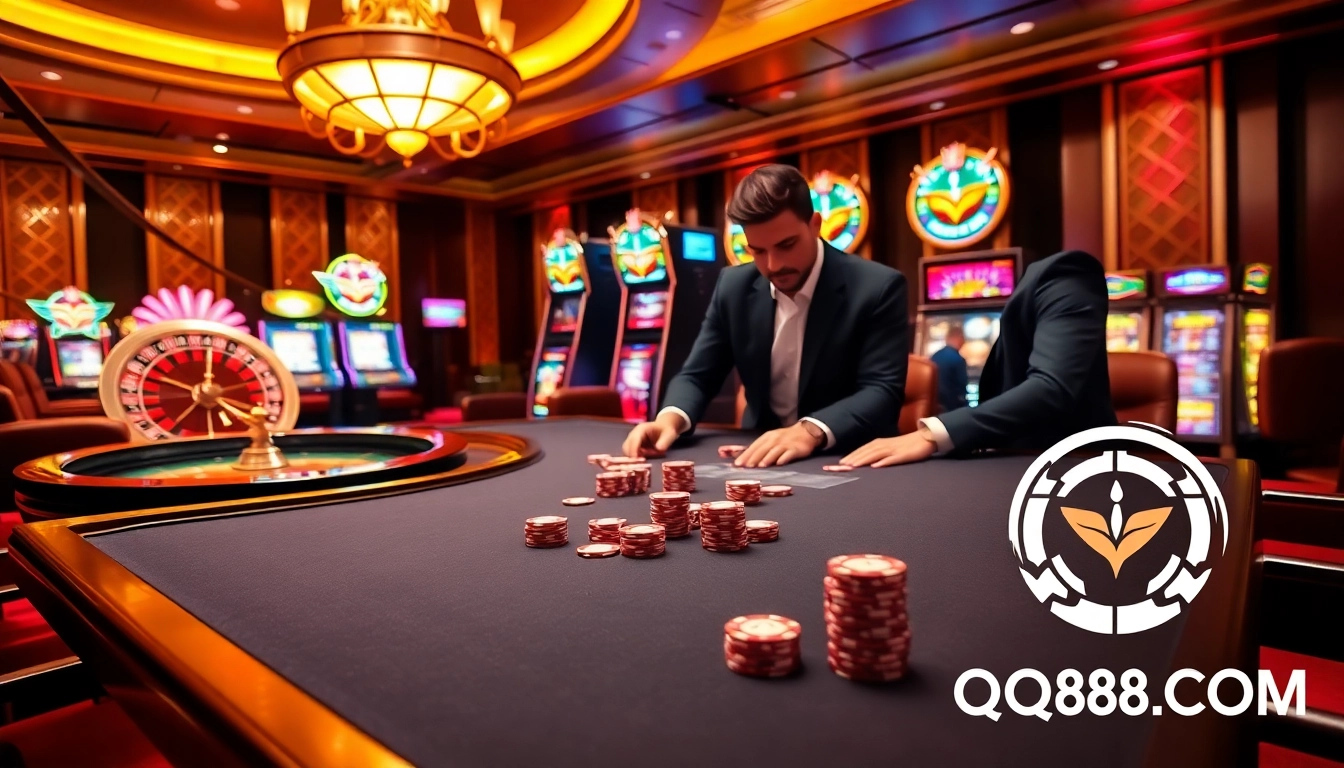 Gamble successfully at QQ88 COM with a vibrant casino scene featuring poker games and slot machines.