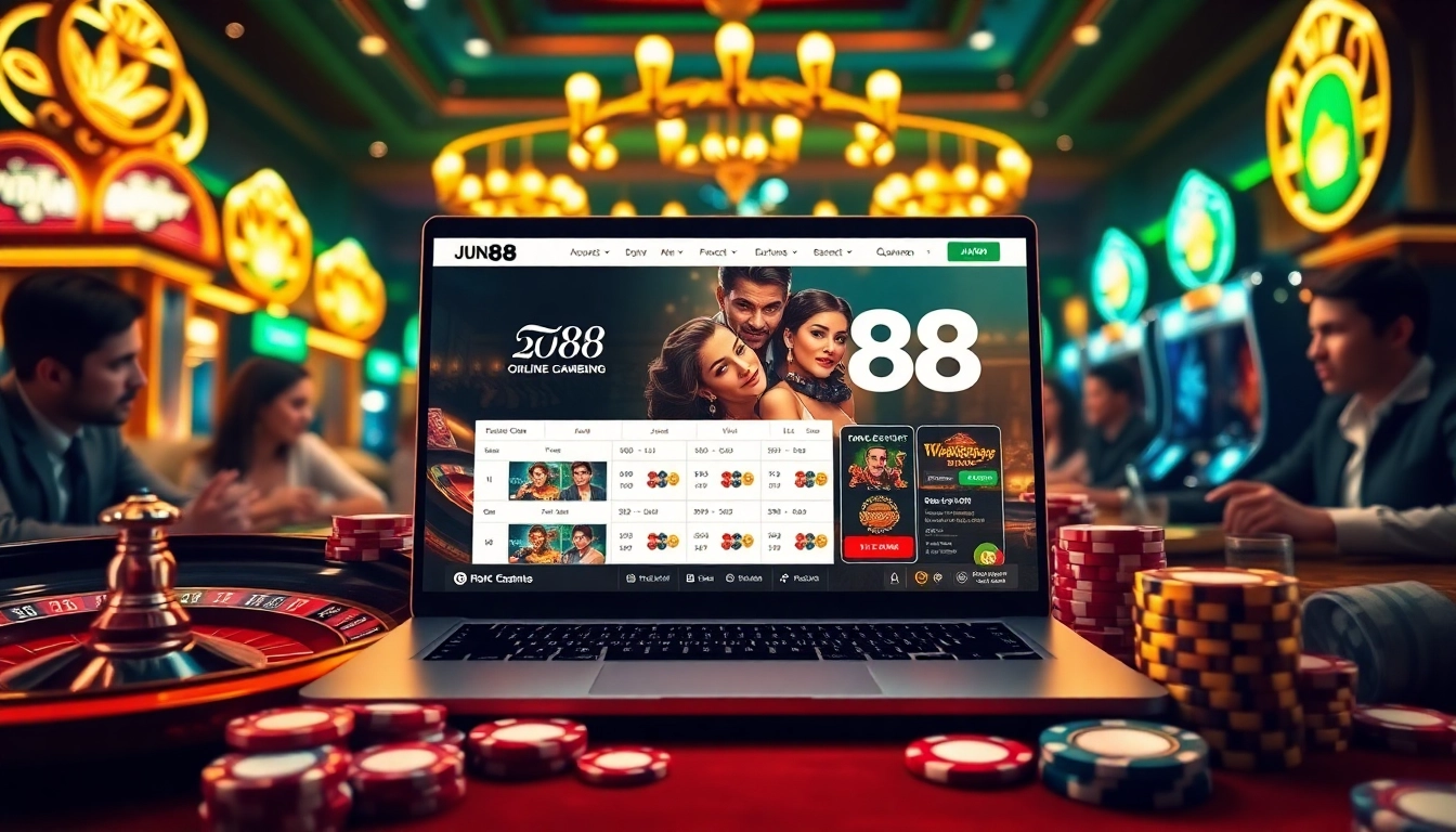 Link vào jun88 showcases an exciting online casino experience with vibrant games, chips, and a sleek interface.